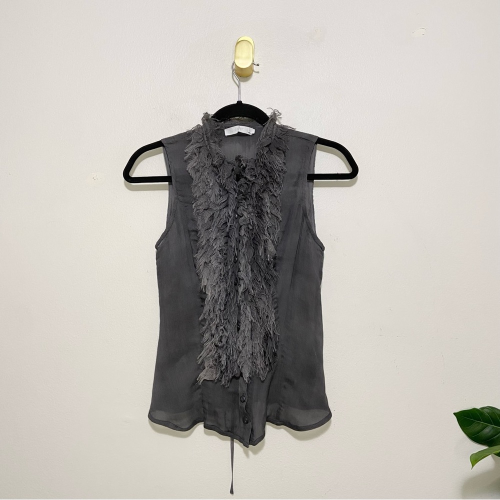 Anne Fontaine Gray Silk Ruffle Front Sleeveless Lace Up Button Down Blouse Shirt